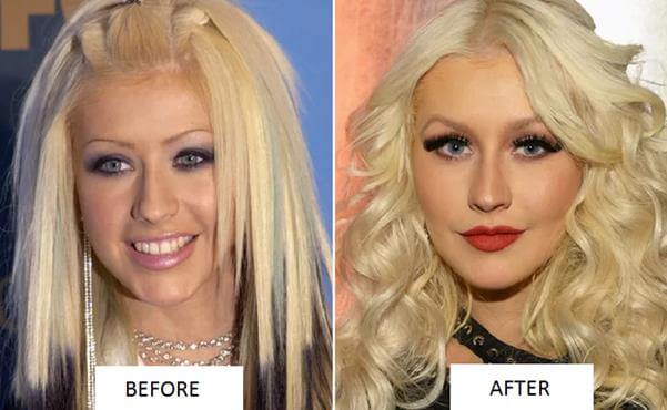 Hình ảnh Christina Aguilera trước và sau khi trang điểm lông mày