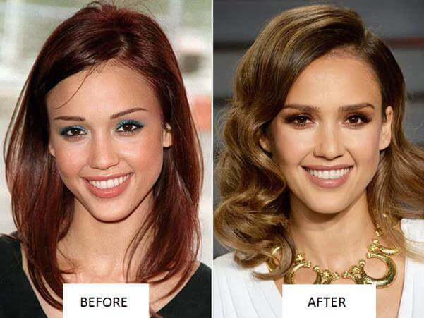 Pictures of Jessica Alba before and after beautifying eyebrows