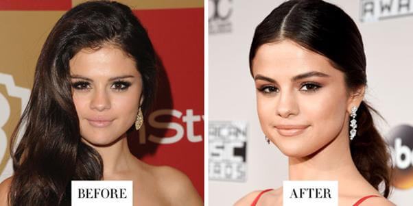 Hình ảnh Selena Gomez trước và sau khi trang điểm lông mày