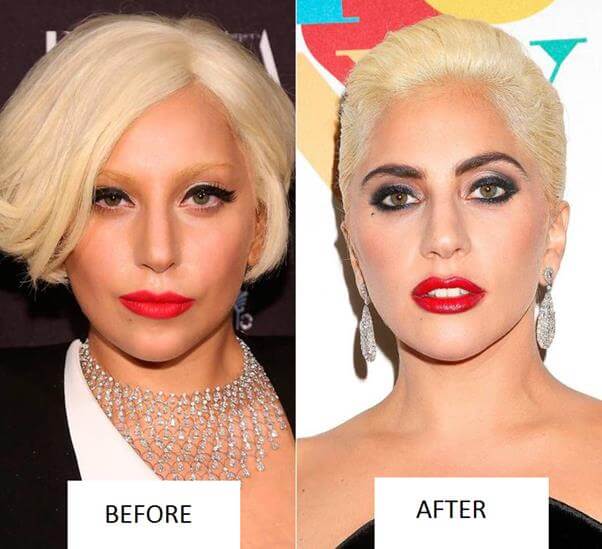 Image of Lady Gaga before and after beautifying her eyebrows